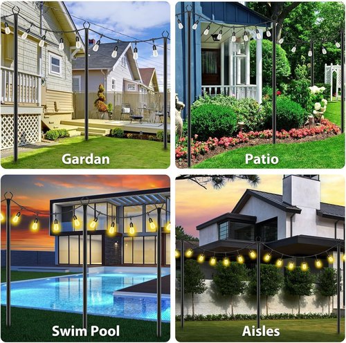 AILBTON 10Ft String Light Poles - 4 Pack Outdoor Metal Stands with Fence Brackets for Deck & Patio