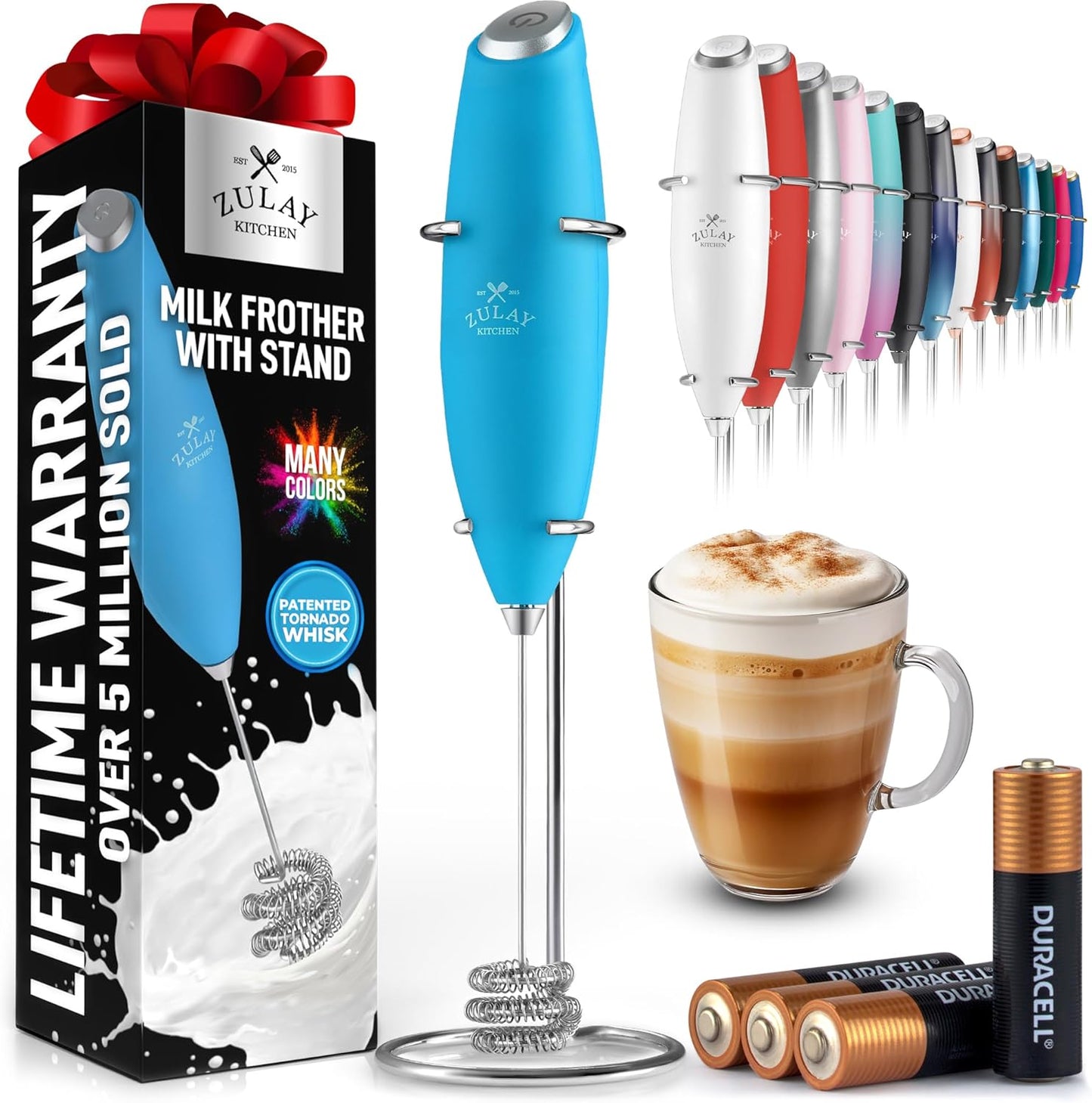 Zulay Kitchen Tornado Triple Whisk Milk Frother - Handheld Foam Maker for Coffee & Lattes | Teal Blue, Includes 4 Duracell Batteries