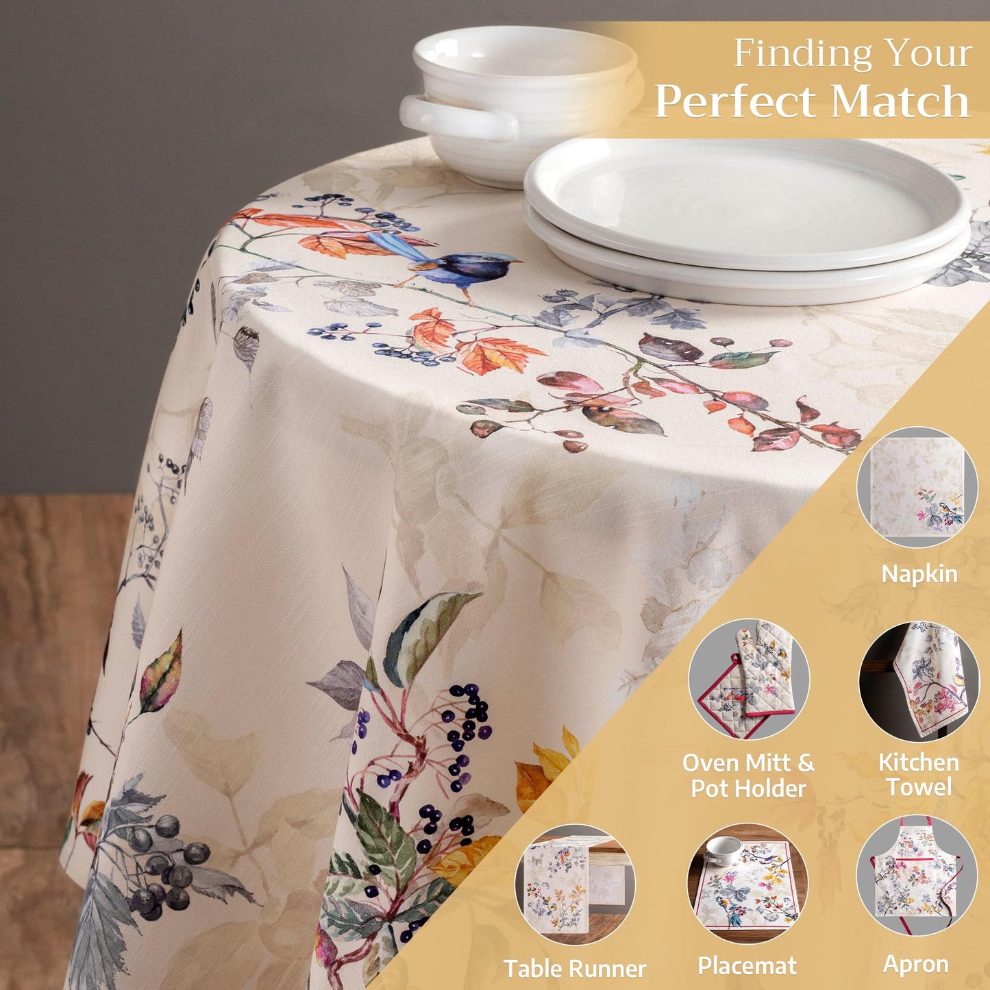 Maison d' Hermine Table Cloth Round Table 100% Cotton 63 Inches Fall Tablecloth Reusable Everyday Use for Thanksgiving Christmas Decorations Dining Farmhouse Party (Equinoxe - Beige)