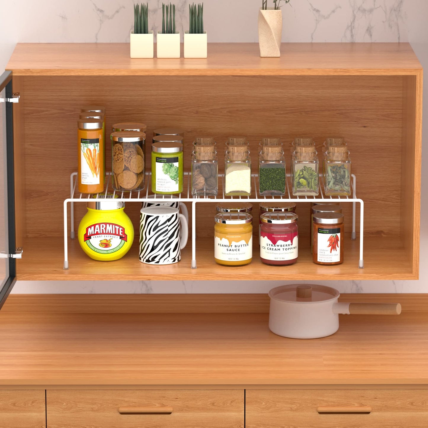 Redrubbit Cabinet Storage Shelf Rack, Expandable Metal Rustproof Kitchen Counter and Cabinet Shelf, Storage Rack Organizer Space Saver for Kitchen, Fridge, Cabinet, Bathroom, White, Set of 6