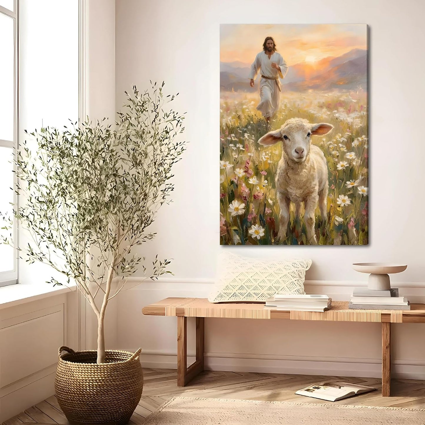 SIXWOOD Canvas Wall Art - Jesus Seeking Lost Sheep | Framed Christian Decor for Living Room, 12x16 in