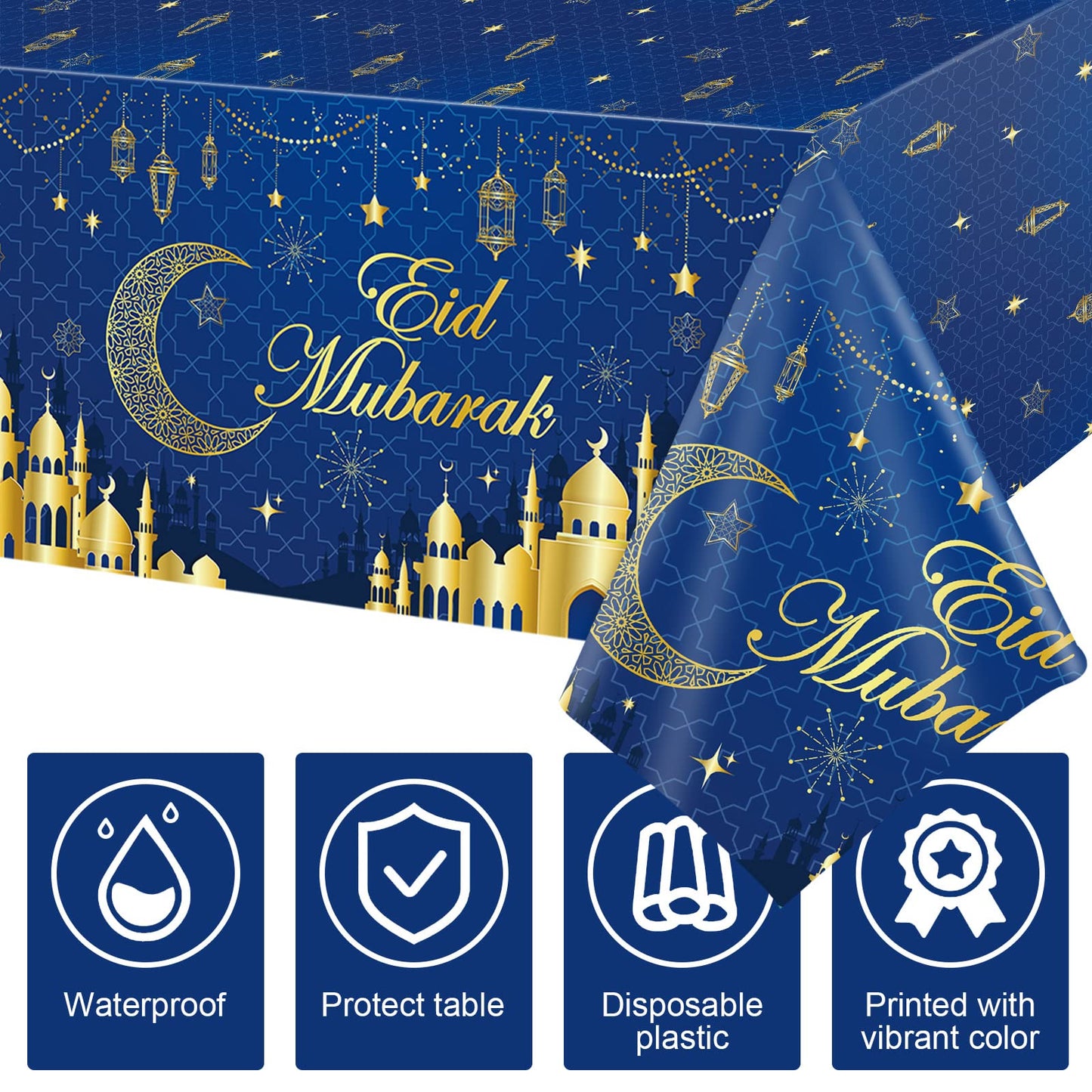 3 Pcs Eid Mubarak Tablecloth 54" x 108" Plastic Ramadan Table Cloth Disposable Rectangle Ramadan Kareem Table Covers Muslim Islamic Moon Star Party Tablecloth for Eid Al Fitr Party Decoration Supplies