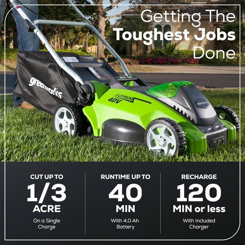 Greenworks 40V Cordless Lawn Mower - 16" Push Button Start, 4.0Ah Battery, Ideal for 1/3 Acre