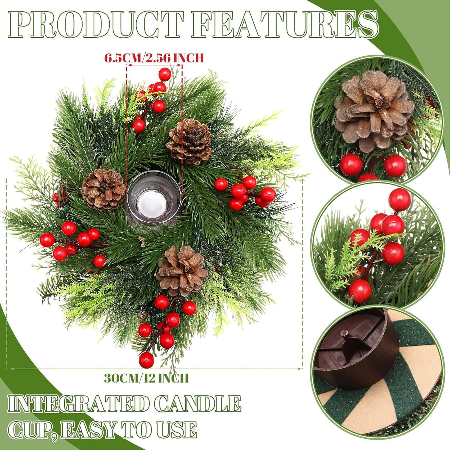 Mumufy Christmas Centerpiece Candle Holder - 12 Inch Mini Tabletop Decoration with Pine Cones & Red Berries