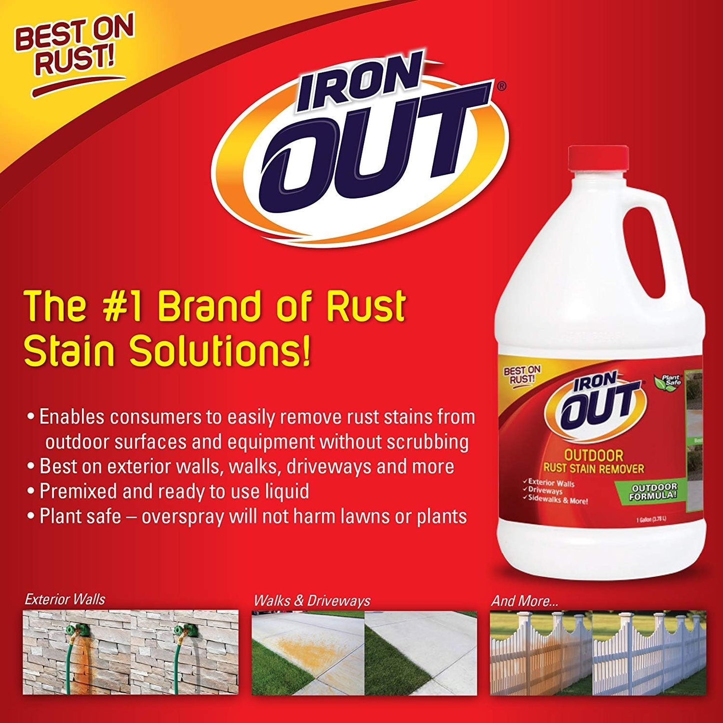 Iron OUT Liquid Rust Stain Remover, Pre-mixed, Quickly Removes Rust Stains from Concrete, Vinyl and Other Outdoor Surfaces, No Scrubbing, Safe to Use, 1 Gallon, 4 Pack