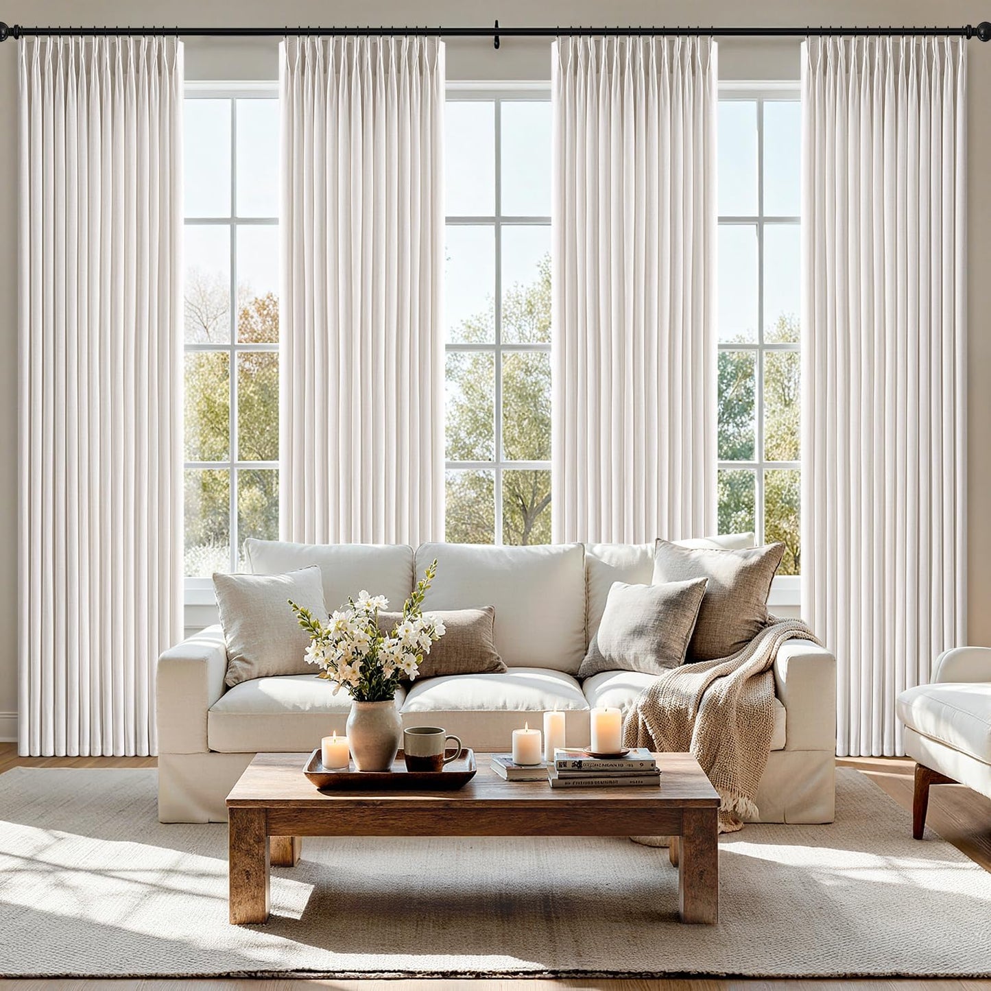 MIULEE Thick Linen Pinch Pleated Curtains - 90 Inch Semi-Sheer Light Filtering Drapes | 4 Panels in Beige & White