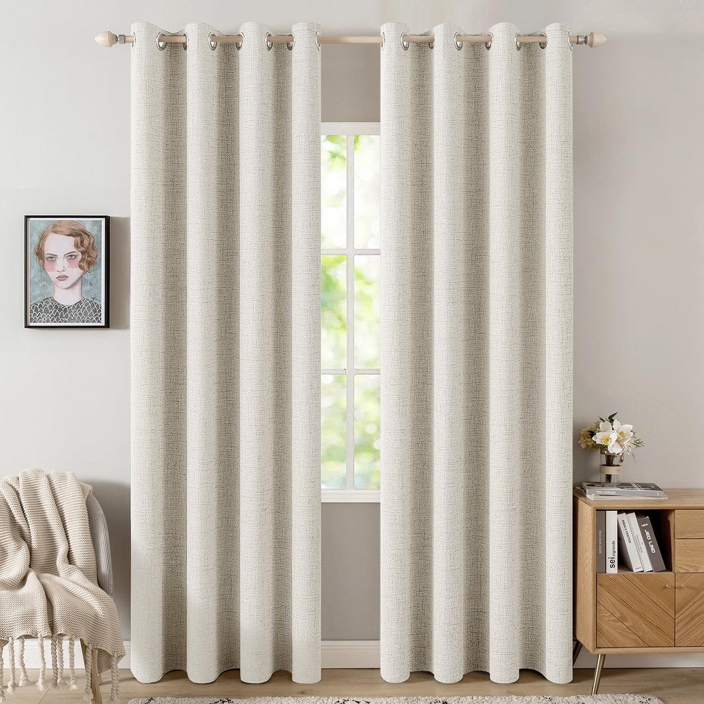 MIULEE Blackout Linen Curtains - 100% Thermal Insulated Drapes for Bedroom & Living Room | Beige, 52x108 Inch (2 Panels)