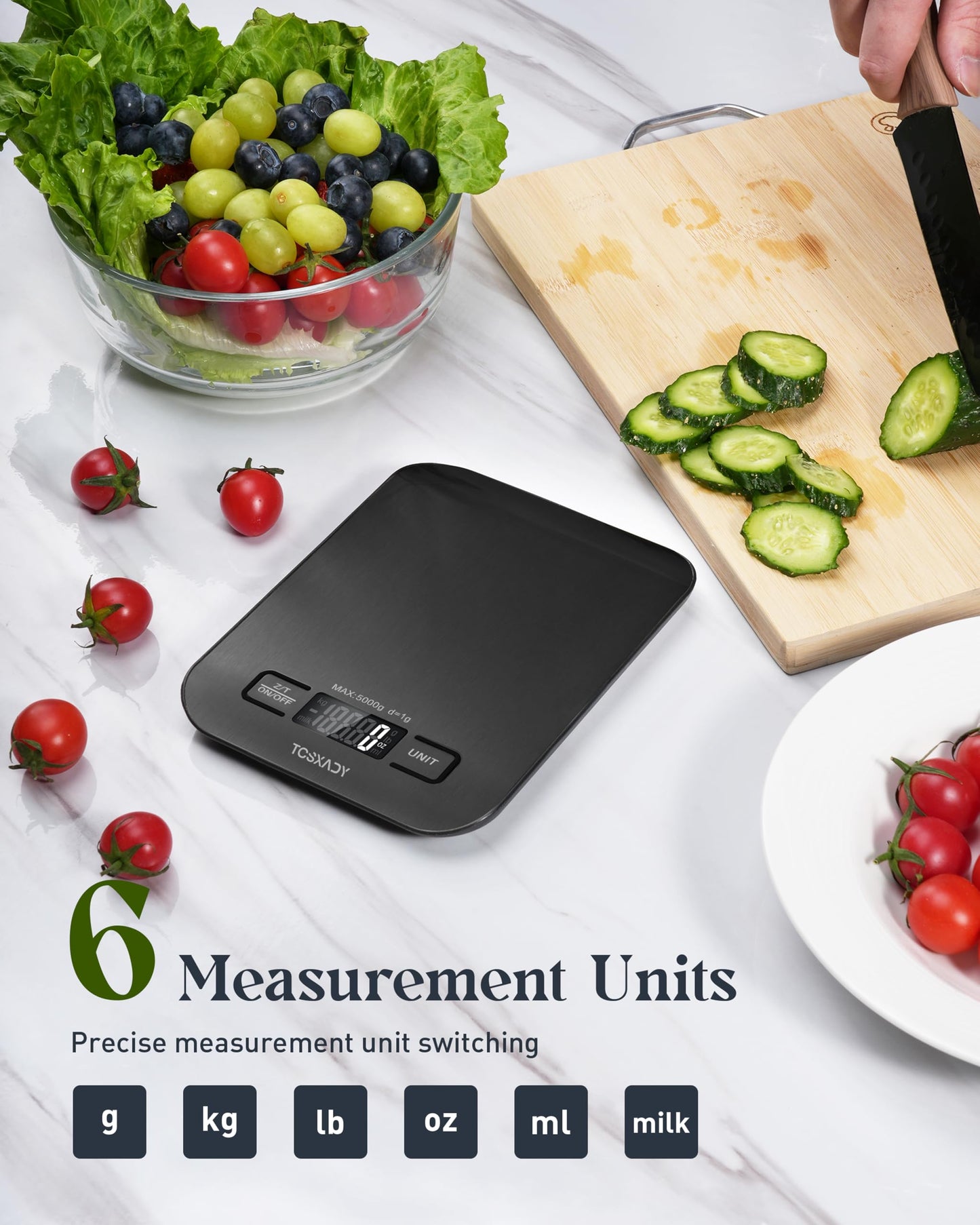 Tcsxady Food Scale, 11lb Kitchen Scale with 6 Units LCD Display and Tare Function, 0.05oz/1g Digital Kitchen Scale Compact Design for Baking, Healthy Cooking, Meal Prep, 304 Stainless Steel Black