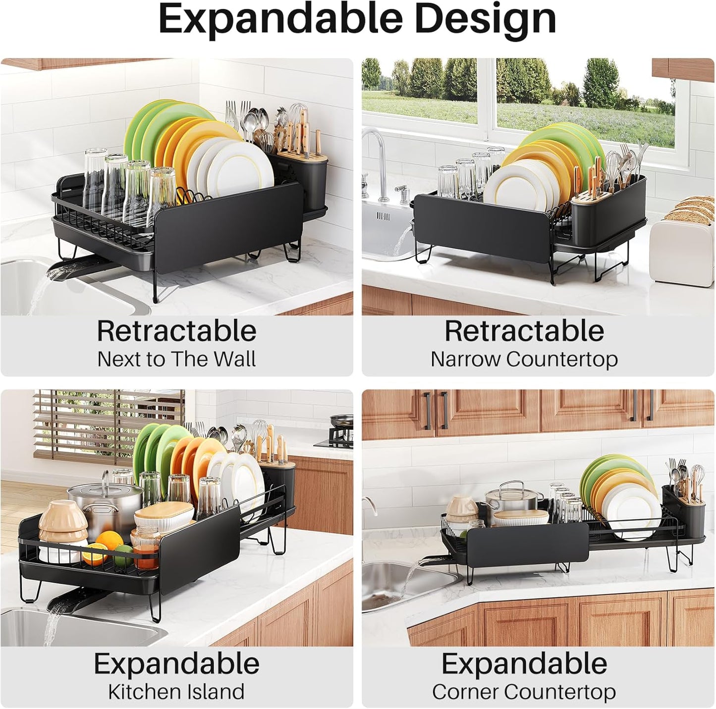 SNTD Dish Drying Rack - Expandable Stainless Steel Dish Drainer with Cutlery Holder | Large Black Design