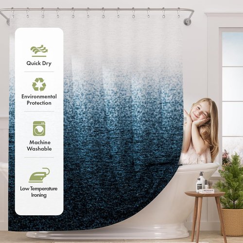 AmazerBath Ombre Shower Curtain - Washable Dark Sea Blue Cloth Set with Hooks | 72x72 Inches