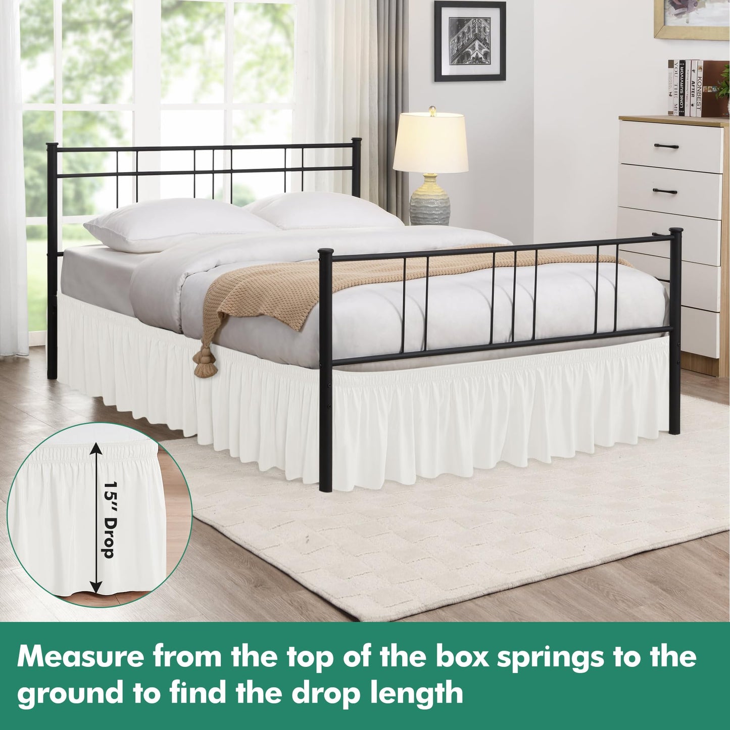 Biscaynebay Wrap Around Bed Skirts with Split Corners for Twin/Twin XL Beds 15" Drop, Ivory Adjustable Elastic Dust Ruffles Easy Fit Wrinkle Resistant Silky Luxurious Fabric Machine Washable