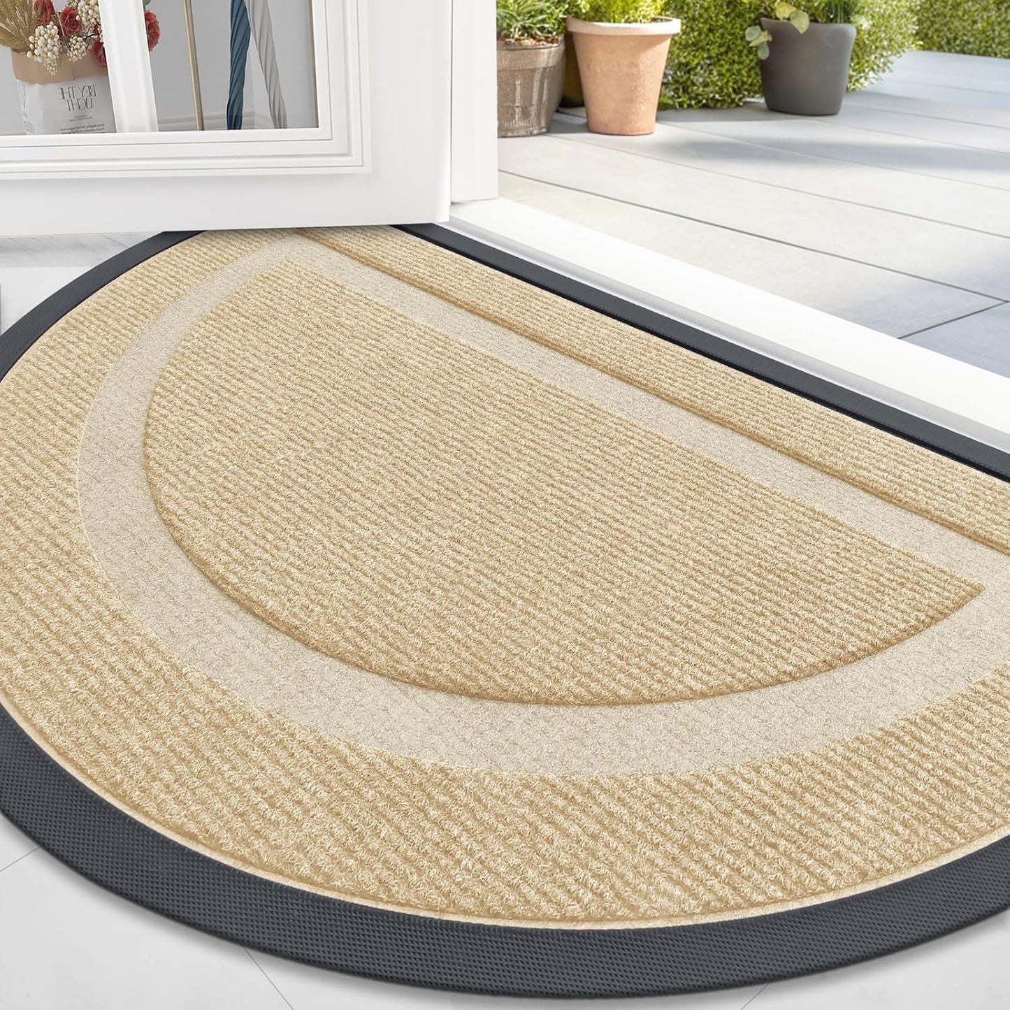 OLANLY Half Circle Door Mat - Waterproof All-Season Doormat for Indoor/Outdoor Use | 36x24, Beige