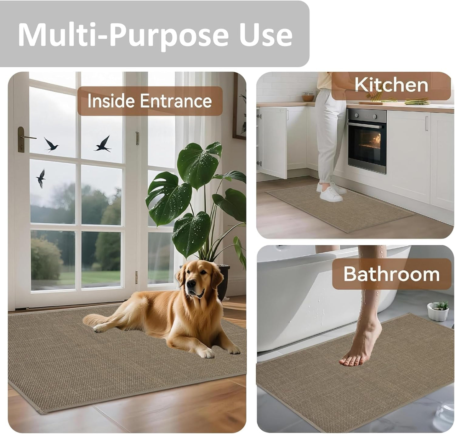 Ultra Thin Indoor Door Mat - 30"x17" Modern Geometric Non-Slip Rug with Rubber Backing | Washable Khaki Entryway Mat