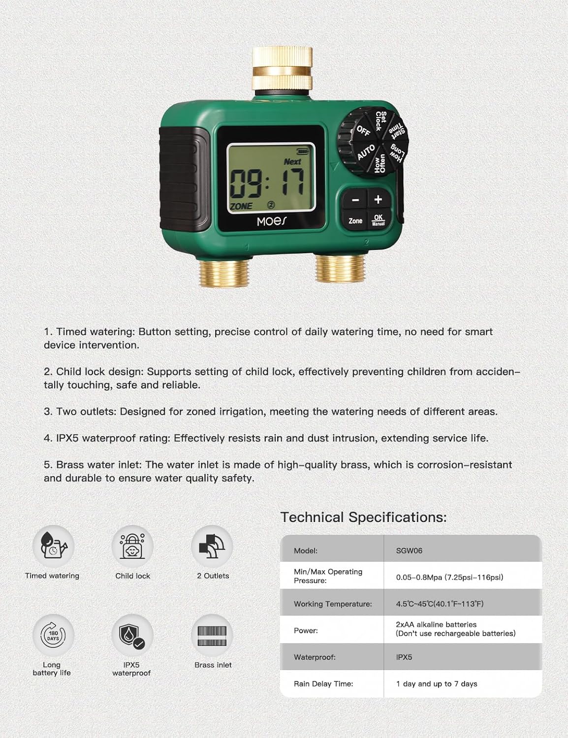 MOES 2-Zone Sprinkler Timer - Programmable Automatic Irrigation Controller with Brass Inlet & Outlet