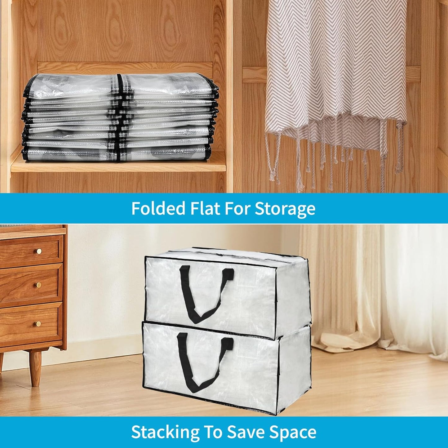 Skiennix Clear Moving Bags - 8 Pack Large Foldable Storage Bags with Handles for Clothes & Bedding