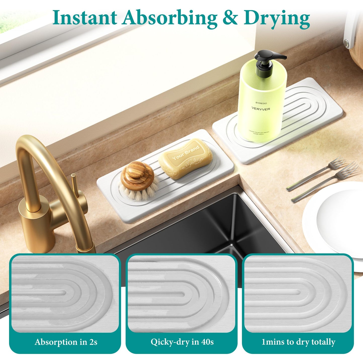 MAGKOTA Water Absorbing Stone Tray, Quick Drying Diatomite Bathroom Tray Countertop, Stone Drying Mat for Kitchen Counter, Soap Dish Dispenser Vanity Organizer, White-A-8.3" x 4"
