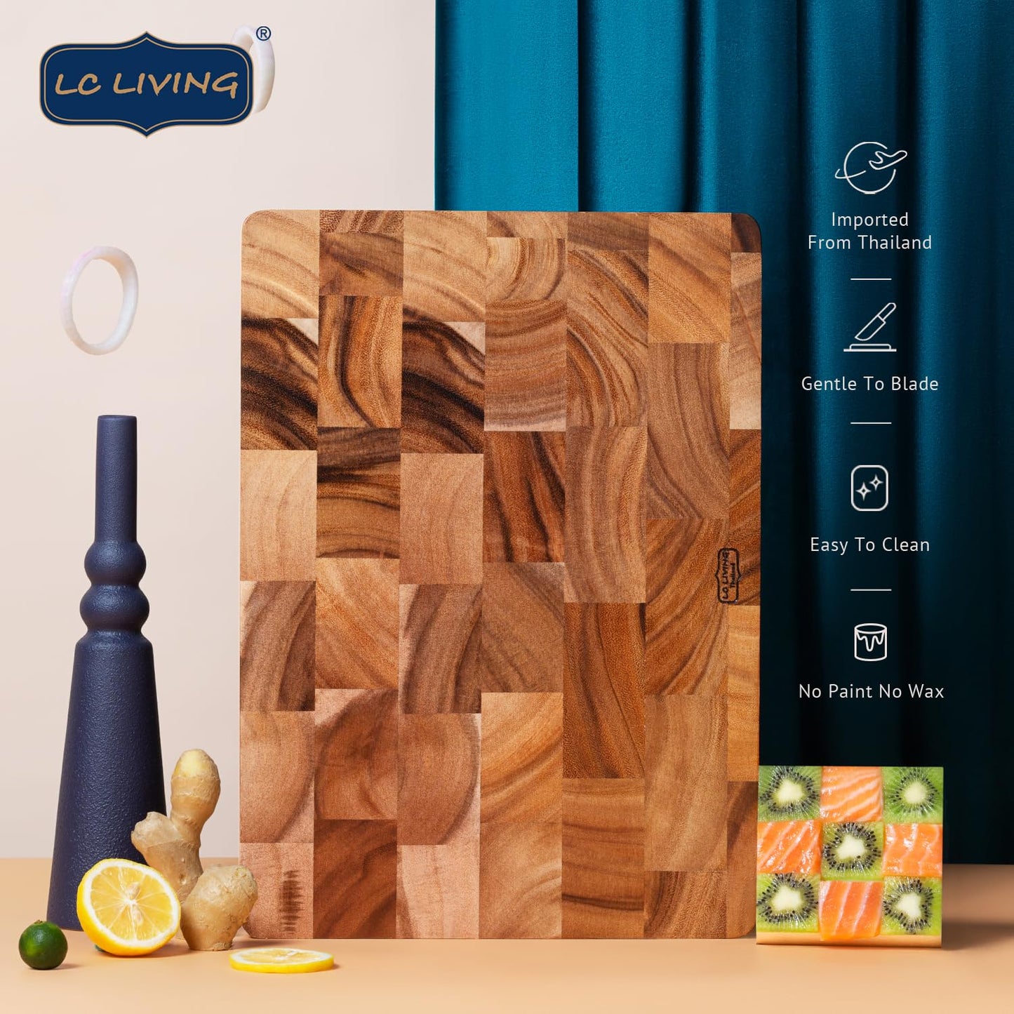 Thai Acacia Wood Grande Rectengular Cutting Board w/Footer, best for chopping serving butcher board, prep station, kitchen deco, cheese, meat, bread, 15.7"x11.2" / 17.7”x 1.8” (Large)