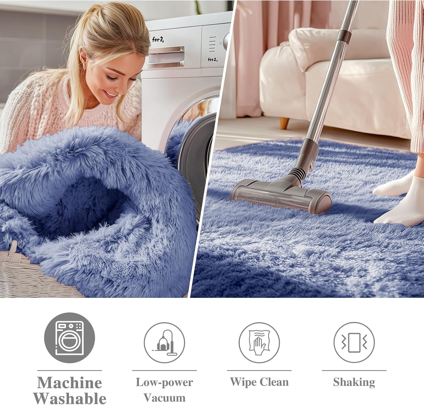 OLANLY Denim Blue Round Rug - Soft, Fluffy, Machine Washable 3 ft Circle Area Rug for Bedroom & Living Room