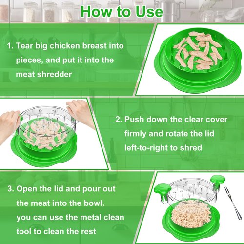 Chicken Shredder Large Chicken Breast Shredder Tool Twist with Brush&Fork, Visible Meat Shredder Machine, Strong Anti-Slip Strip, Ergonomic Handle, BPA Free, Suitable for Pork Beef Chicken(Green)