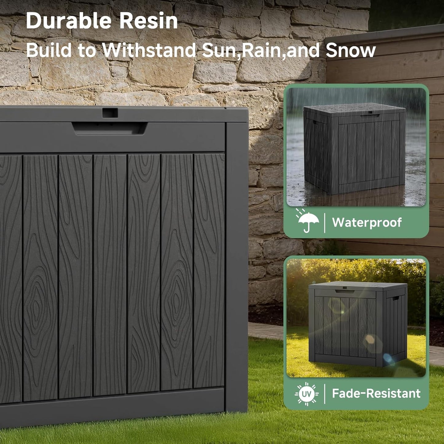 PatioZen 35 Gallon Waterproof Outdoor Deck Box - Lockable Resin Storage for Garden Tools & Cushions (Black)