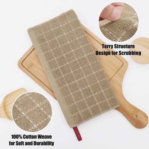 Homaxy 100% Cotton Terry Kitchen Towels(Tan, 13 x 28 inches), Checkered Designed, Soft and Super Absorbent Dish Towels, 8 Pack