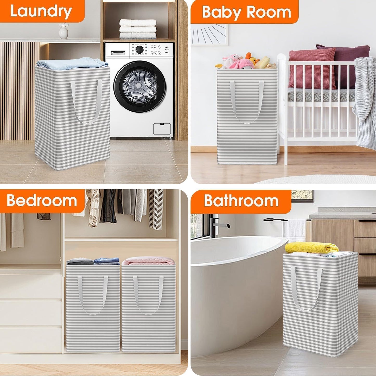 SmartTrends 3 Pack Laundry Basket, Waterproof & Freestanding Large Laundry Hamper, Collapsible Clothes Hampers with Easy Carry Long & Reinforced Handles in Bedroom Bathroom, College Dorm(75Lx3, Gray)