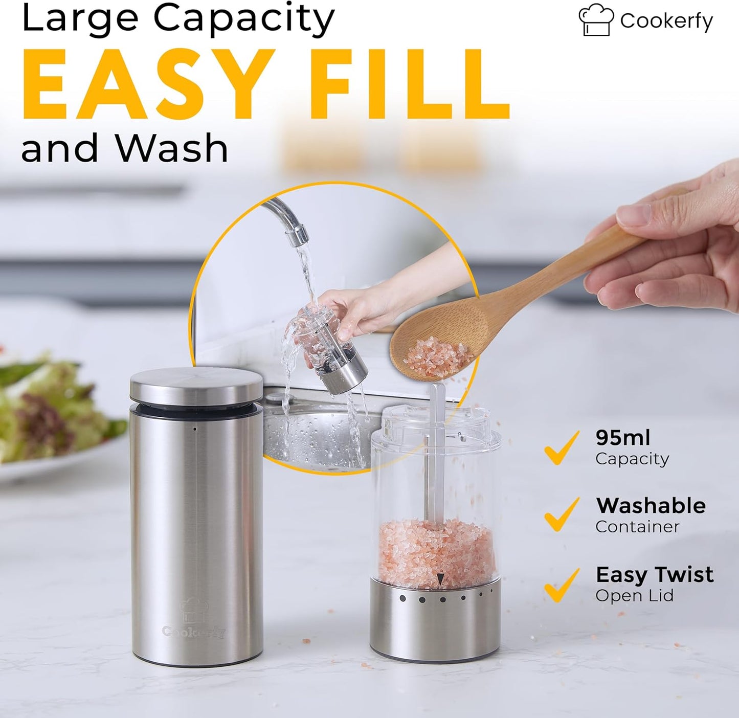 Skiennix Electric Salt and Pepper Grinder Set - Rechargeable, Stainless Steel, LED Light, 95ml Capacity