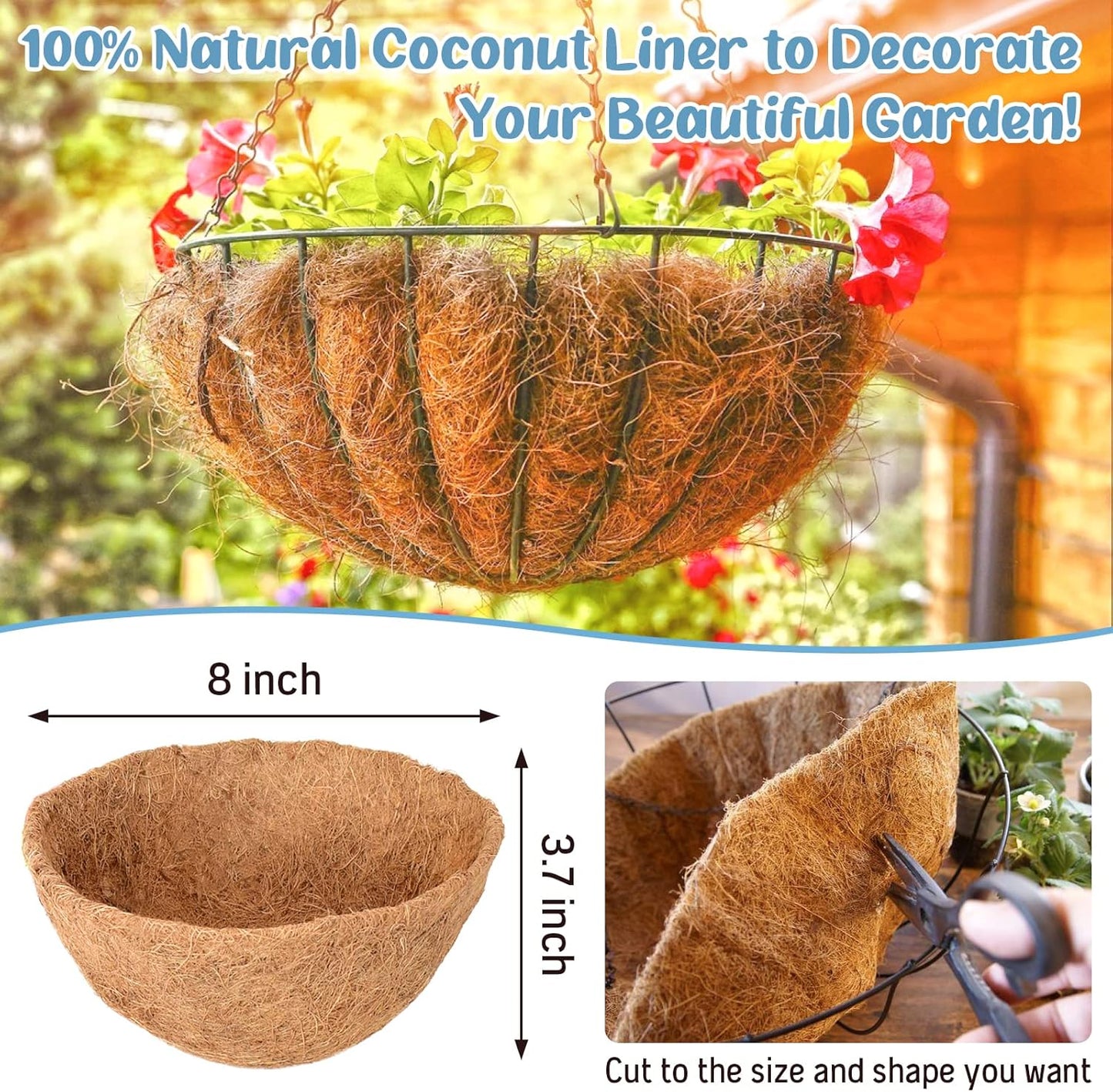 Legigo 3 Pack Coco Liners - 100% Natural 8 Inch Round Coconut Fiber Replacement for Hanging Baskets