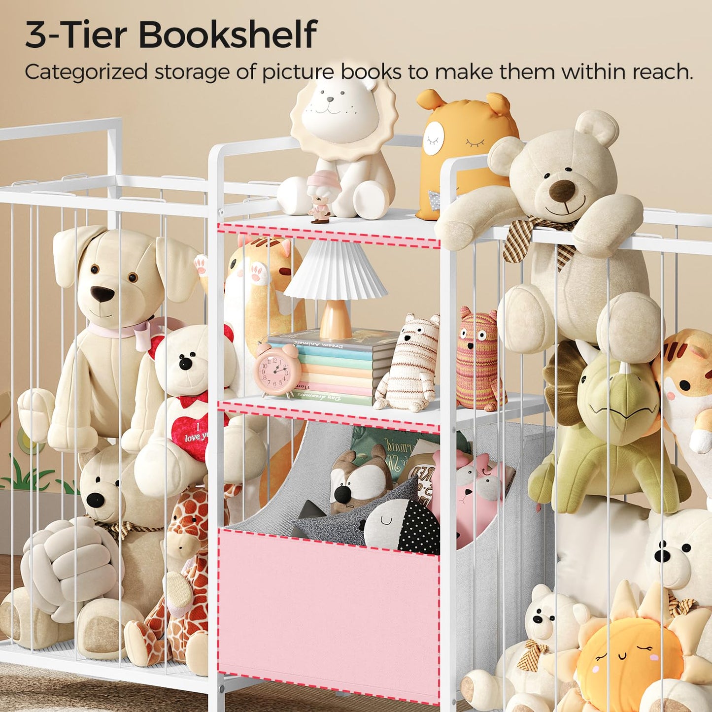 MAHANCRIS Stuffed Animal Storage, Large Stuffed Animal Net with Kids Bookshelf and Toy Storage, Double-Sided Plush Toy Holder with Movable Fabric Box for Kids Room, Playroom, Nursery, White TBWT17101