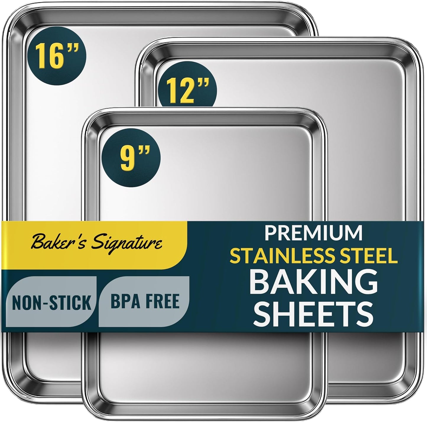 Baker’s Signature Stainless Steel Cookie Sheet Pan Set - Non-Stick, Rust Resistant | 3 Sizes: 9, 12, 16 Inch
