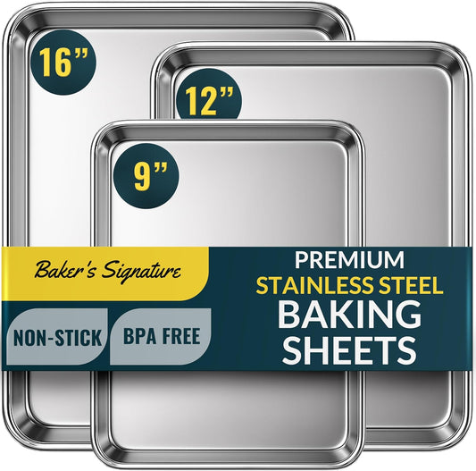 Baker’s Signature Stainless Steel Cookie Sheet Pan Set - Non-Stick, Rust Resistant | 3 Sizes: 9, 12, 16 Inch
