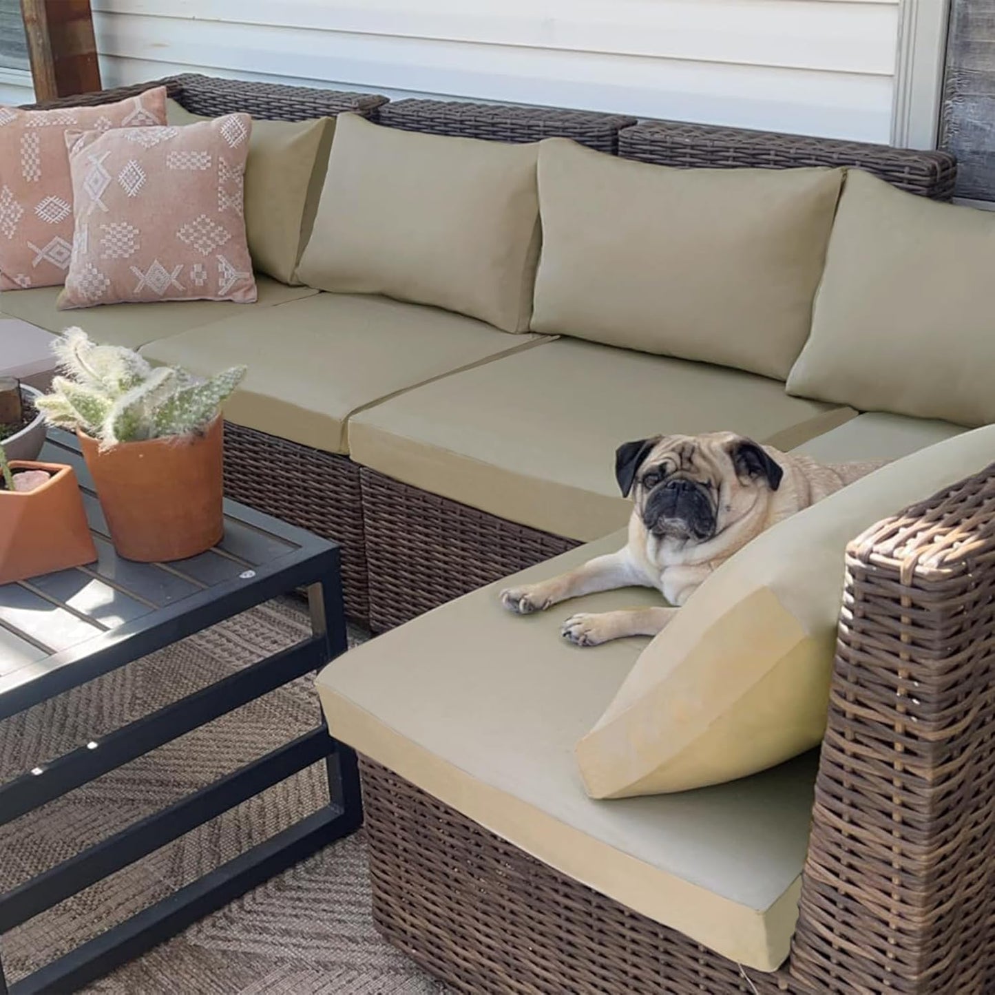 Sqodok Waterproof Outdoor Cushion Covers - 14-Piece Slipcovers for 7-Piece Rattan Wicker Sectional Sofa | Washable Tan