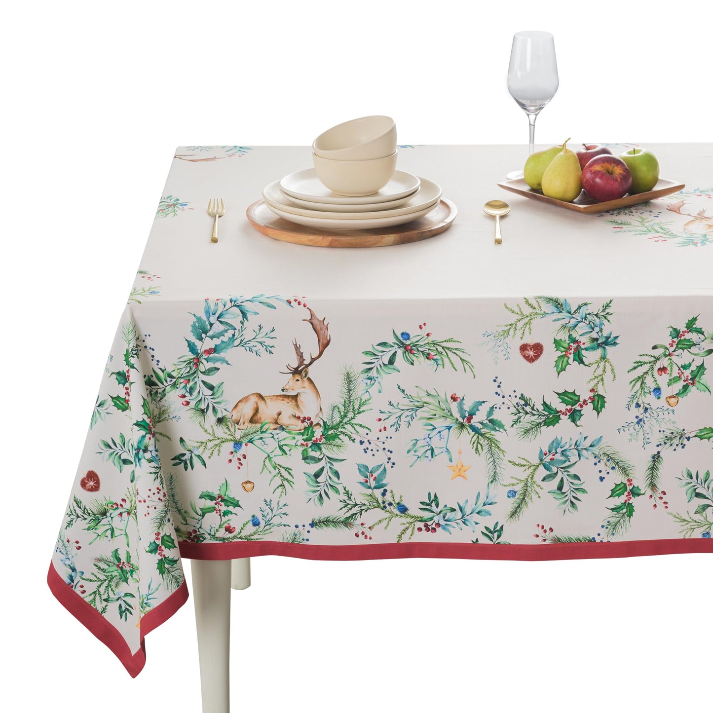 Maison d' Hermine Table Cloth Rectangle Table 100% Cotton 70 x 140 Inches Fall Tablecloth Reusable Everyday Use for Thanksgiving Christmas Decorations Dining Farmhouse Party (Holly Time)