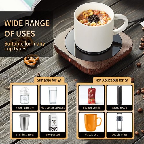 Coffee Mug Warmer with Auto Shut Off, 3 Temperature Settings, Brown Wood Grain Design, Electric Beverage Heater with Borosilicate Glass Panel, 54-Inch Cord, Fits Mugs, Teapots, and Cups