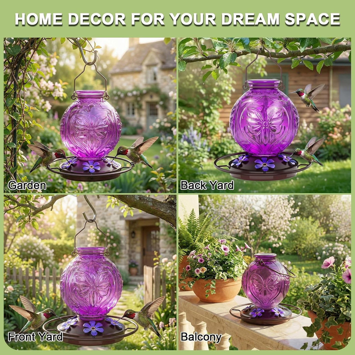 Skiennix Glass Hummingbird Feeder - 25oz Leak-Proof Outdoor Nectar Feeder with 5 Flower Ports | Purple Garden Decor