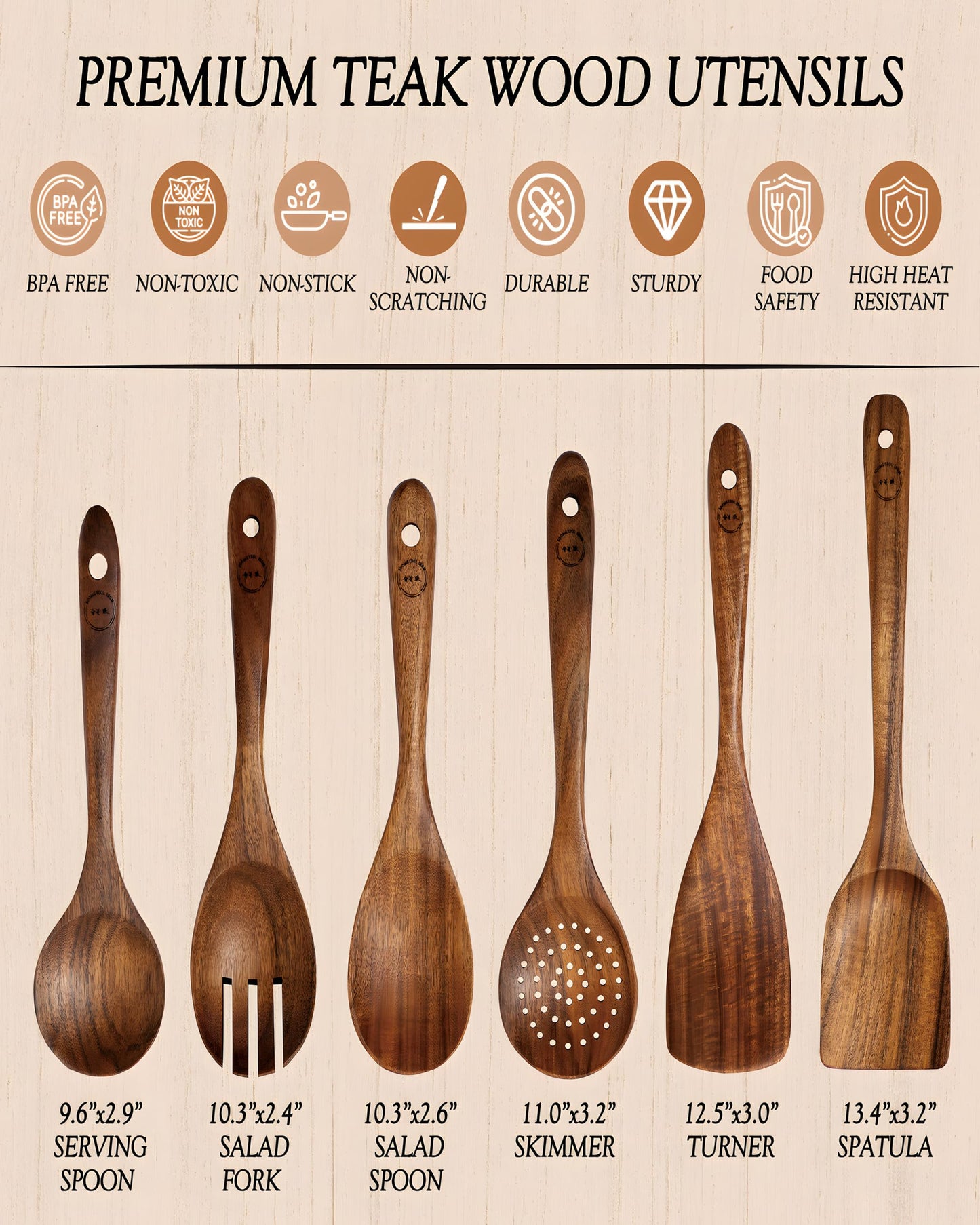 6-Piece Natural Teak Wood Utensil Set - Compact Nonstick Cooking Spoons & Spatulas, Durable Wooden Tools