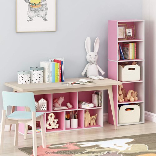 Furinno LUDER 5-Tier Bookshelf - Open Shelves for Easy Assembly | White/Pink, 9.4 x 15.8 x 52 Inches