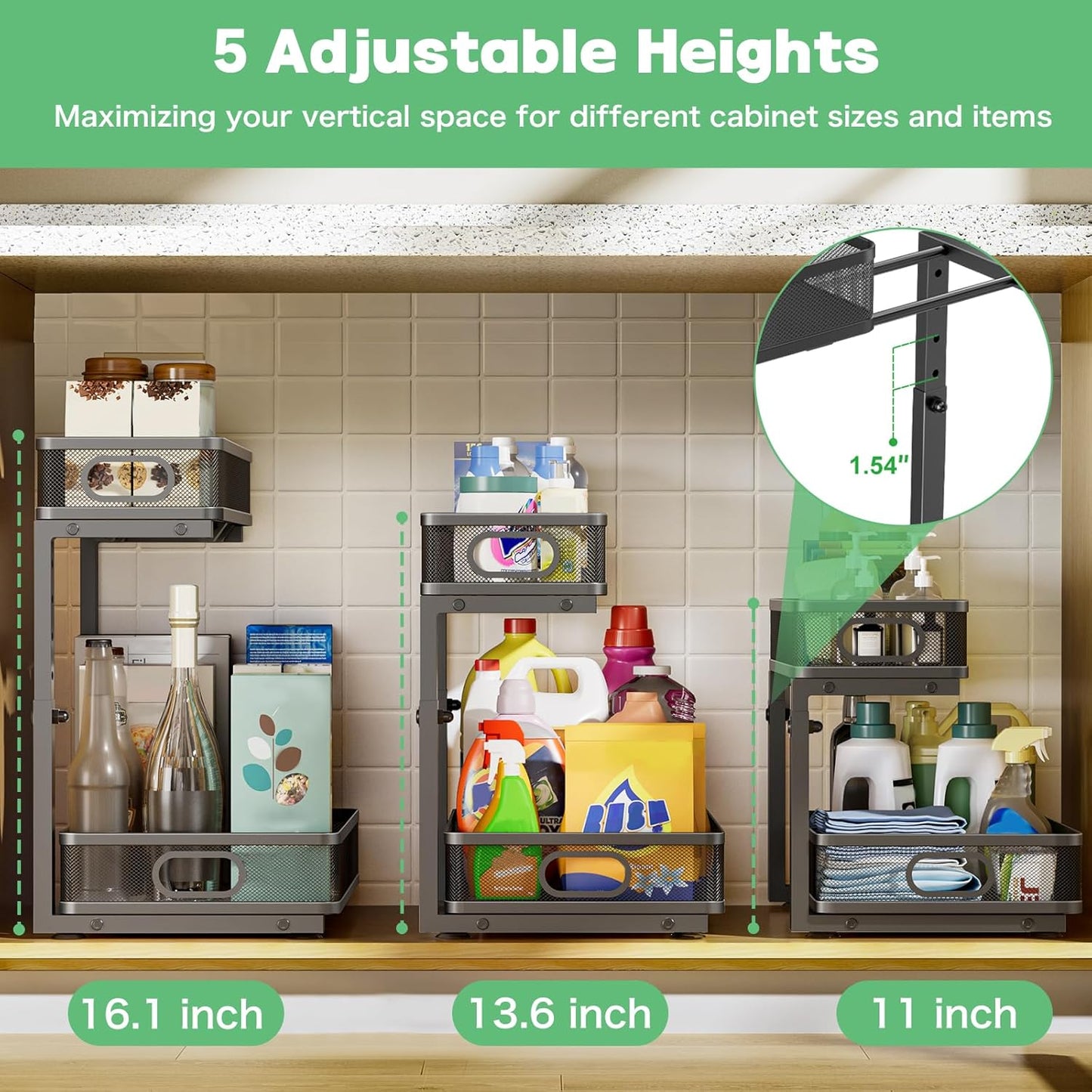 Under Sink Organizer 2-Pack | Adjustable 2-Tier Metal Storage Drawers for Kitchen & Bathroom