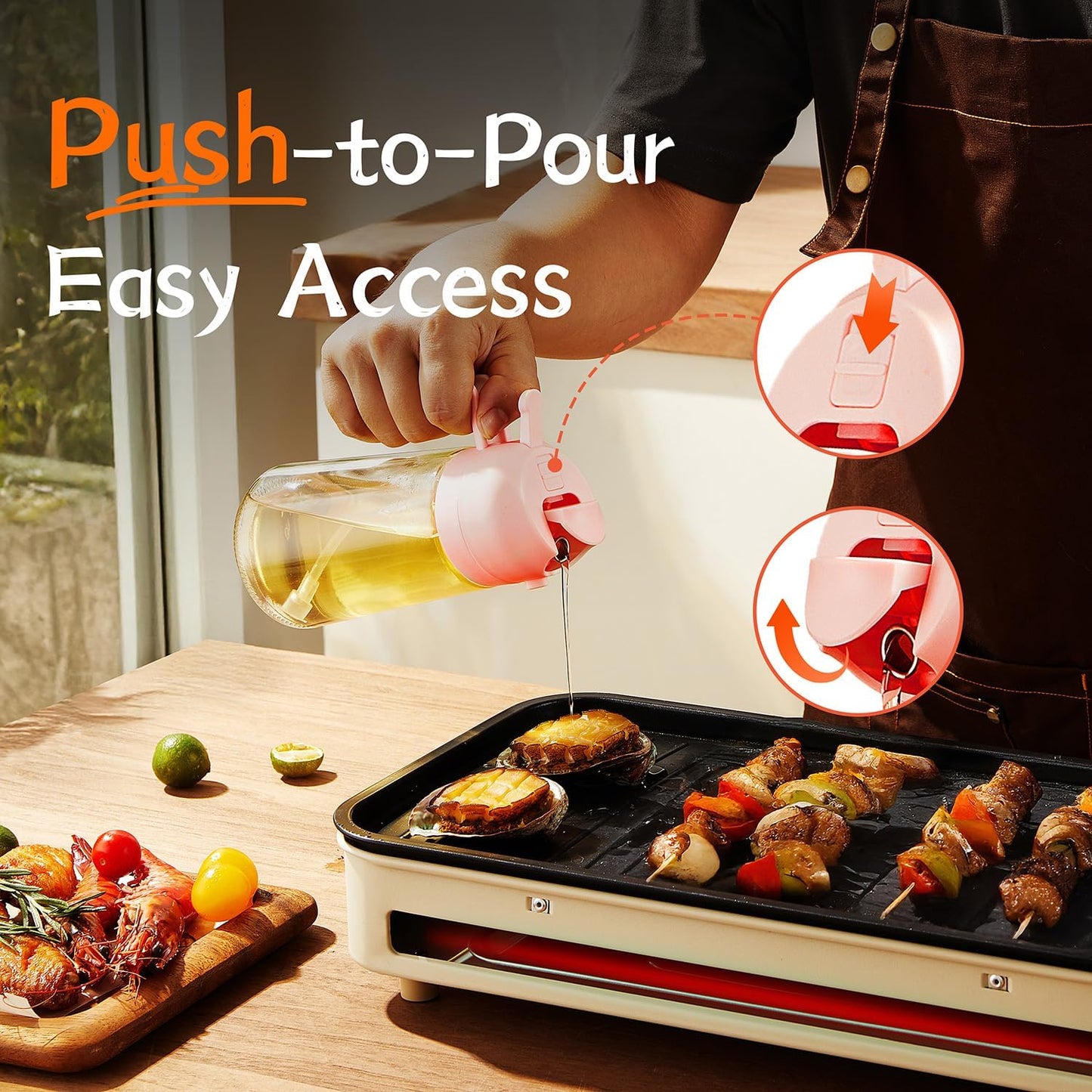TrendPlain Glass Olive Oil Sprayer - 2-in-1 Dispenser for Cooking, Air Fryer & BBQ - 16oz Peach