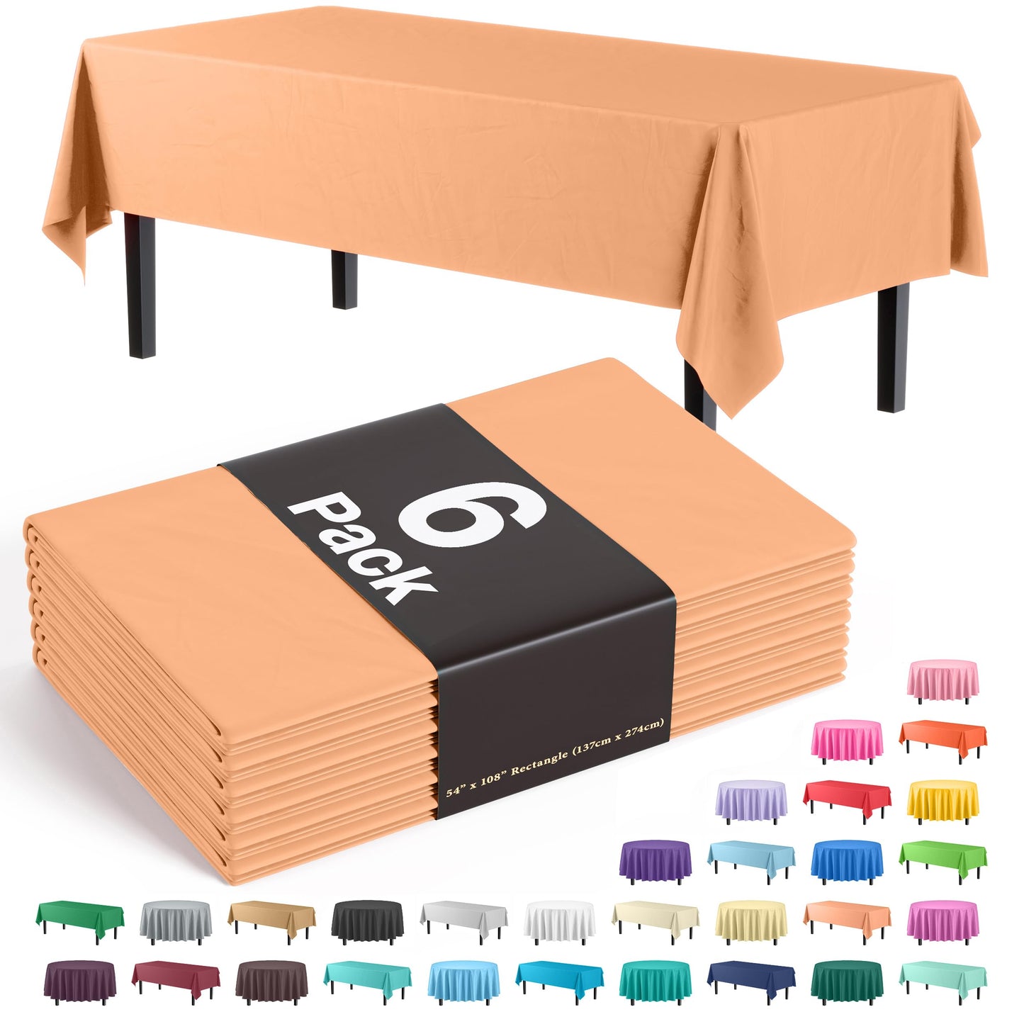 Party Solids Pack Of 6 Premium Plastic Tablecloth 54 Inch x 108 Inch Rectangle Plastic Table Cover - Peach