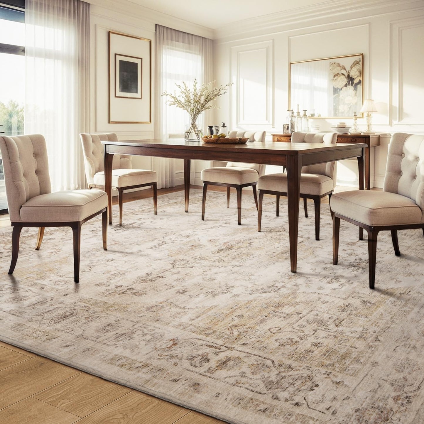 AMOAMI-4X6 Area Rugs for Living Room -Soft Vintage Bedroom Rugs-Non Slip Washable Rug-Throw for Living Room Bedroom Bedside Dining Room Office Beige