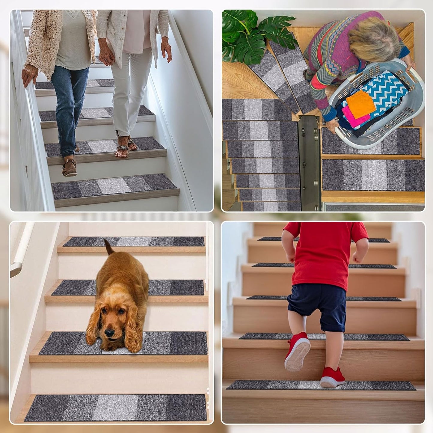 OLANLY Non-Slip Stair Treads - 15PCS Indoor Stair Runners for Wooden Steps | 8" x 30" Grey Edging Rugs with Reusable Adhesive for Kids, Elders, and Pets