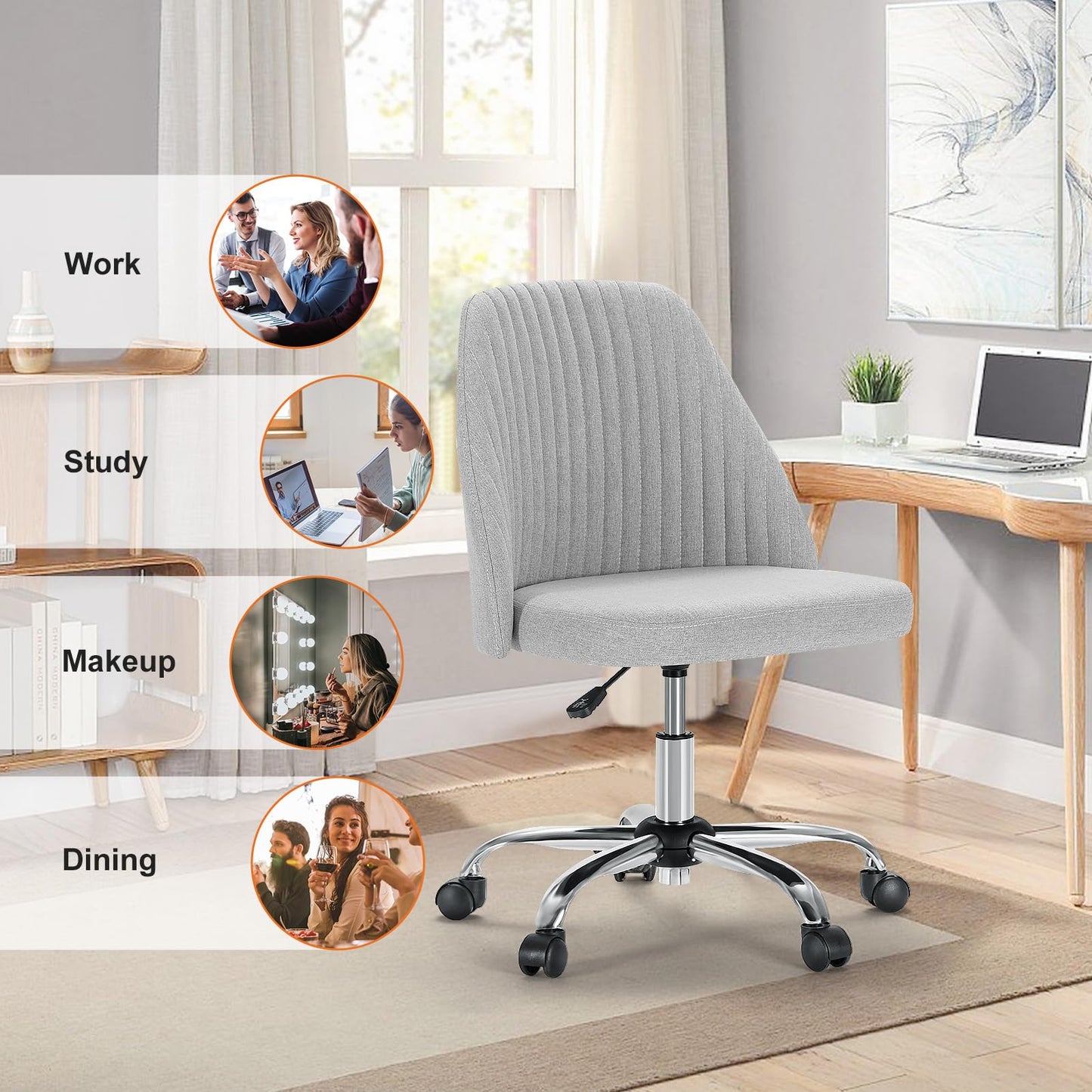Sweetcrispy Armless Office Chair, Modern Fabric Home Office Desk Chairs with Wheels Adjustable Swivel Task Computer Vanity Seat for Small Spaces