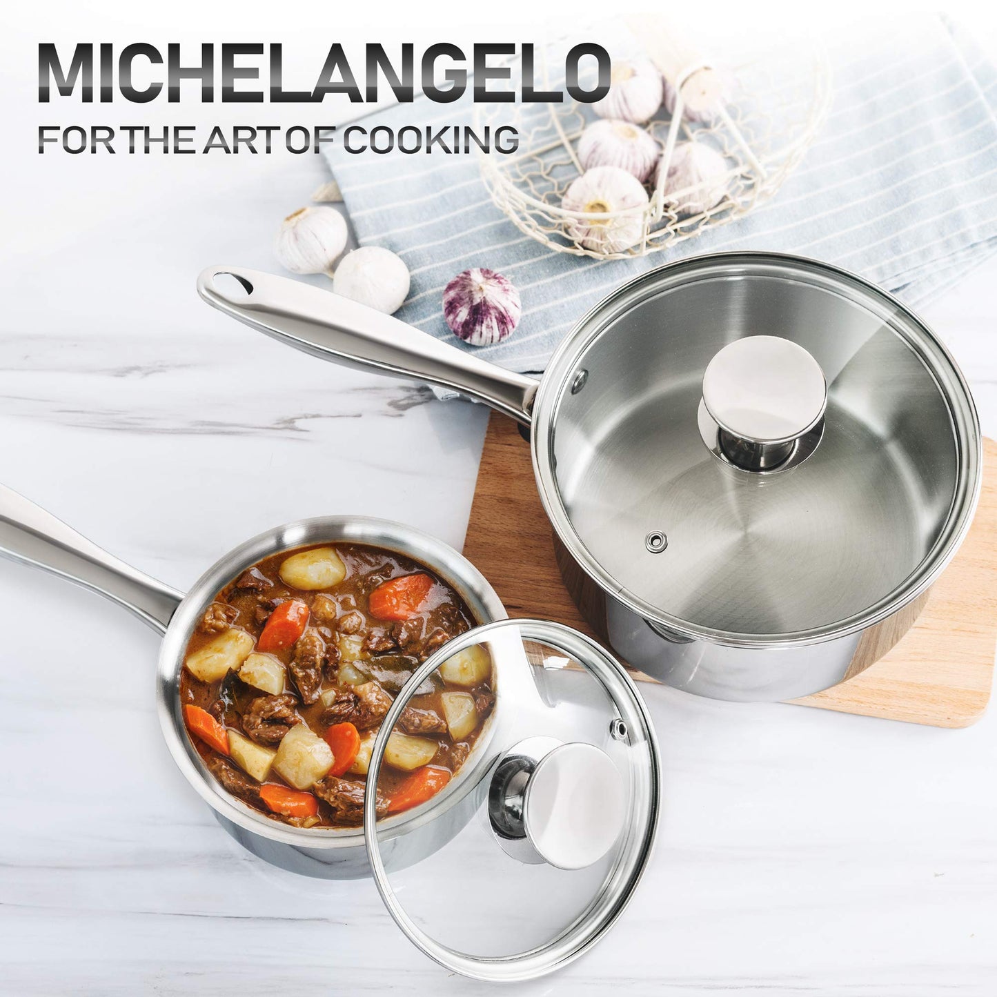 MICHELANGELO Stainless Steel Saucepan Set 1Qt & 2Qt, 18/10 Stainless Steel Pot Set, Induction Saucepan with Glass Lid, Dishwasher & Oven Safe (No Coating & Non-toxic)