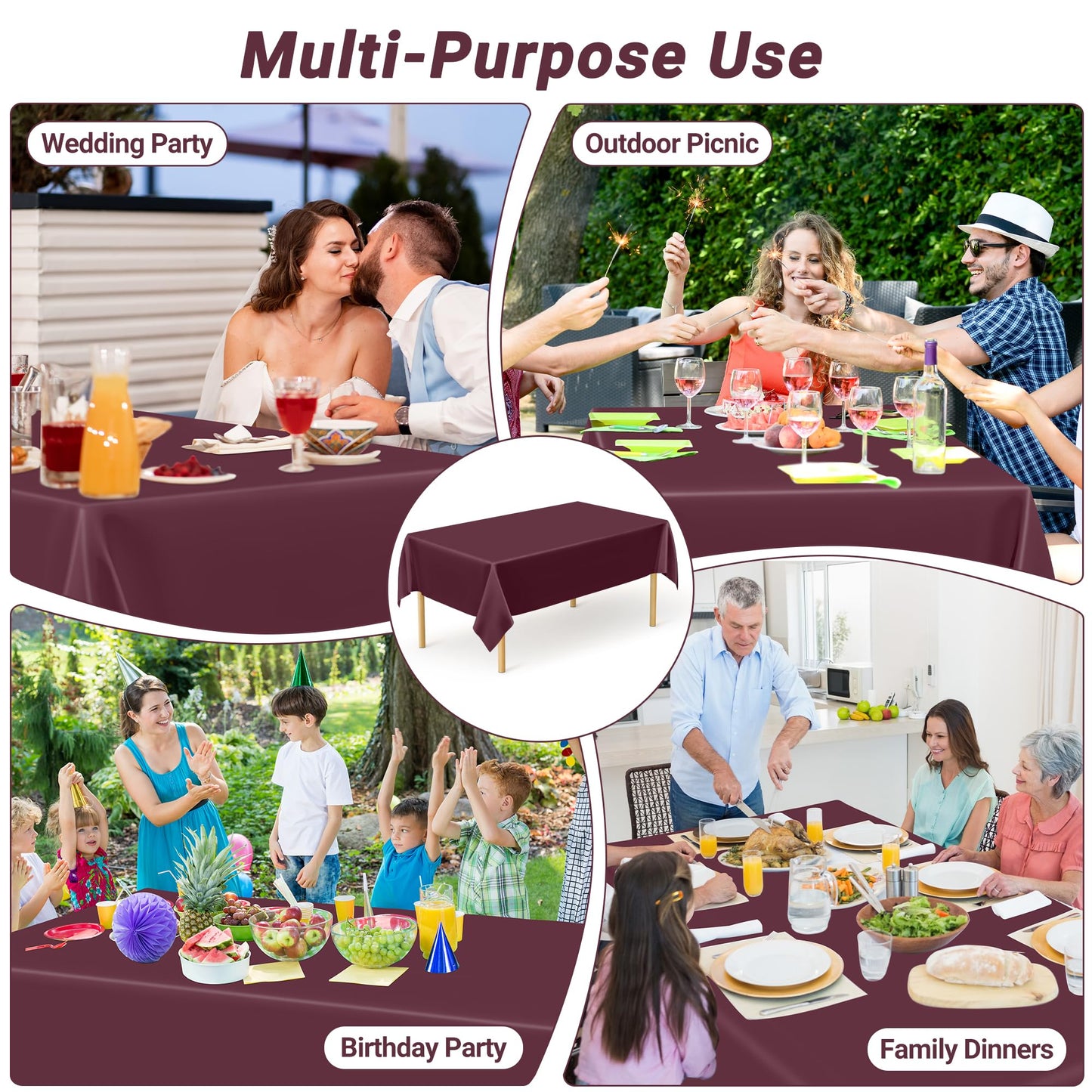 QZYL 12 PCS Wine Plastic Tablecloths, 54 in x 108 in Dinner Table Cloths, Rectangle Table Cover for Birthday Party Family Gathering Wedding