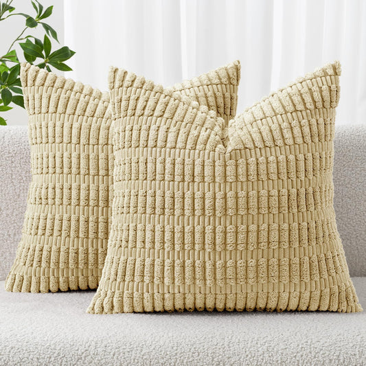 MIULEE Euro Sham Pillow Covers - Soft Corduroy Boho Striped Design | 24x24 Inch Beige for Modern Home Decor