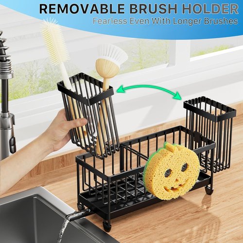 Cisily Kitchen Sink Caddy Organizer - Rustproof 304 Stainless Steel with High Brush Holder | Black Smiley Face, 9.25”