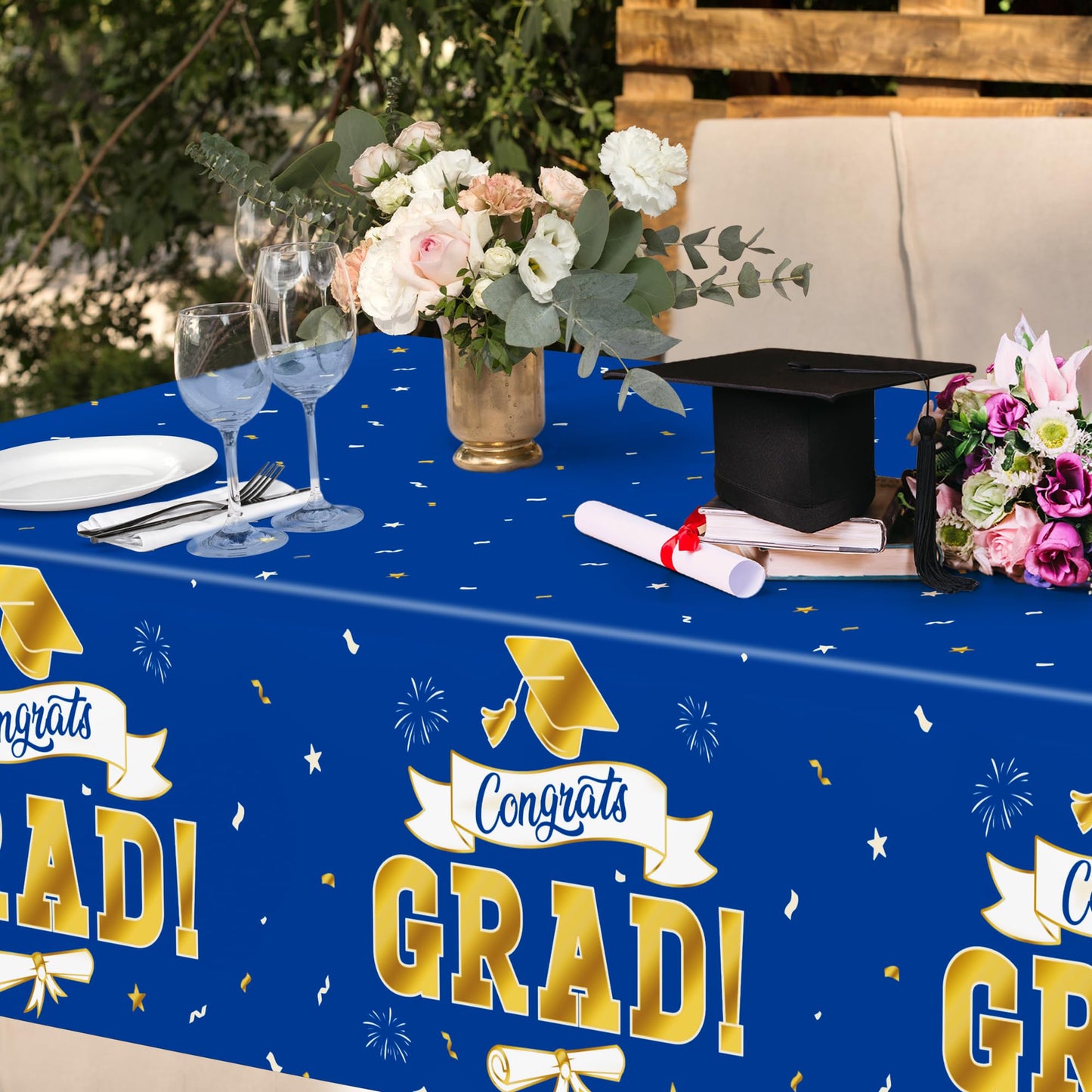 QZYL 2Pack 2026 Graduation Decorations, 108" X 54" Graduation Tablecloth, Bluegold Disposable Table Cloths for Grad Party Favors Supplies, Rectangle Plastic Tablecover for Class 2026 Congrats Grad
