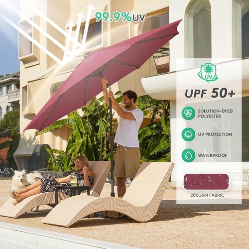 JEAREY 9FT Outdoor Patio Umbrella - LED Lighted with Solar Lights, Tilt & Crank - Burgundy Color for Deck & Yard