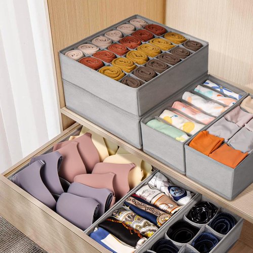Criusia Sock Organizer - 6 Pack Foldable Drawer Dividers for Clothing Storage | Grey Fabric Bins